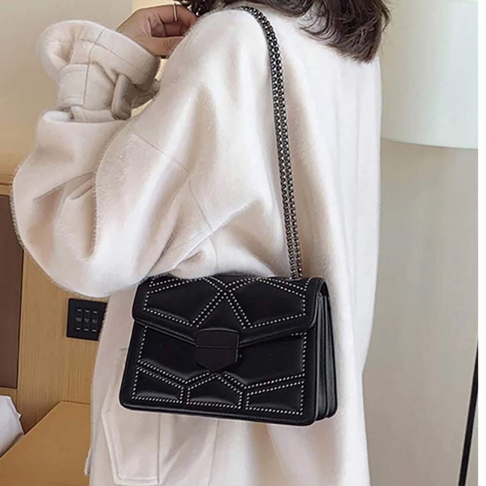 Vegan Leather Studded Graphic Chain Mini Shoulder Crossbody Bag - Picture 4 of 8